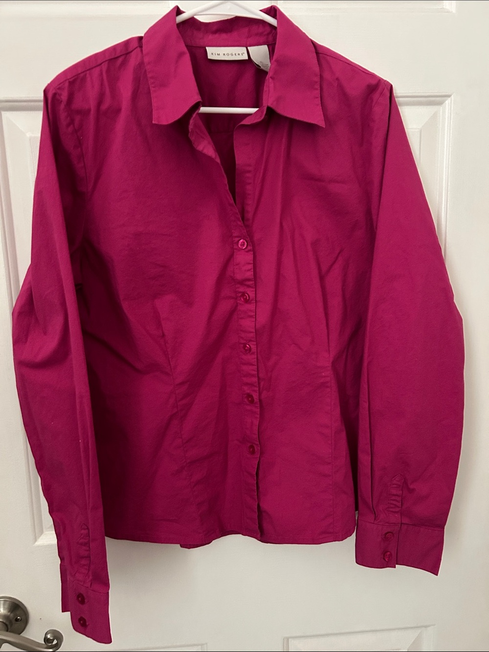 Kim Rogers Bright Fuchsia Button-Front Blouse 97% Cotton 3% Spandex